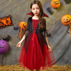 【超ポイントバック祭 P最大5倍！限定クーポン配布中 12/15まで】【NEW】ハロウィン 衣装 ドラキュラ ワンピース 100cm〜170cm 8サイズ 女の子 レディース 光るカチューシャ つけ牙 セット コスプレ キッズ 子供用 お揃い イベント ハロウィーン パーティー