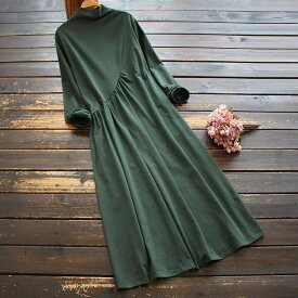 ワンピース レディース 40代 50代 秋冬 フォーマル 綿 無地 ハイネック 長袖 ロング丈 Aライン きれいめ