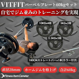 【VITFIT】家トレ特化 28mm対応 バーベルプレート 60kgセット ラバープレート 静音/防傷加工 ホームジム ベンチプレス スクワット 家トレ (ヴィットフィット)■現役トレーナー監修■