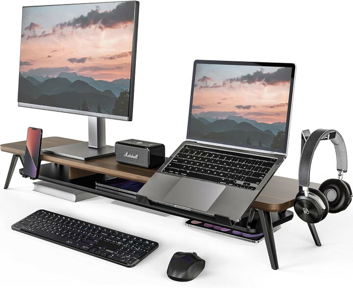 楽天市場】☆2月10日まで2,000円クーポンOFF☆FENGE モニター台 アルミ製 パソコン台 机上ラック 2段 108cm横幅 ノートパソコンスタンド付き  スマホ置き付き ヘッドホンスタンド付き デスクトップ用 机上 モニタースタンド 机上台 pcパソコンラック 卓上 収納 整理整頓 黒 ... BinZyronic モニター台 木製 幅59cm 耐荷重50kg USBハブ搭載 スマホホルダー付き 机上台 ノートパソコンスタン