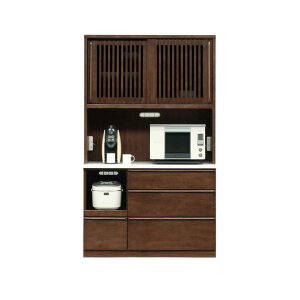 キッチン収納 幅120cm カウンター収納 完成品 食器棚 レンジ台 キッチンボード オープンボード ガラス扉 120cm幅 引き出し 箱組 スモークガラス ラバーウッド エナメル塗装 モイス 木目 和風 ダ