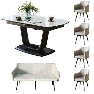 ダイニングセット セラミック 回転椅子 6点セット 6人掛け セラミックテーブル ダイニングテーブル テーブル ダイニングチェア ダイニングベンチ 150cm幅 北欧 伸縮 チェア4脚 白 伸長式ダイ