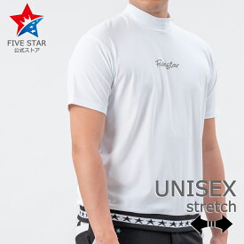 シャツ ゴルフウェア メンズ モックネック 半袖 ストレッチ シンプル ロゴ ストーン スター リブ ホワイト 白 ゴルフ おしゃれ 春 夏 レディース ユニセックス ファイブスター