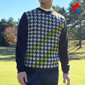 セーター ニット ゴルフウェア メンズ 冬 長袖 ストレッチ Vネック ブラック 黒 ファイブスター おしゃれ シンプル 40代 50代 千鳥柄 アウトレット