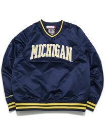 【送料無料】MITCHELL & NESS SIDELINE PULLOVER SATIN JACKET MICHIGAN【OJPO4996-UMI-NAVY】