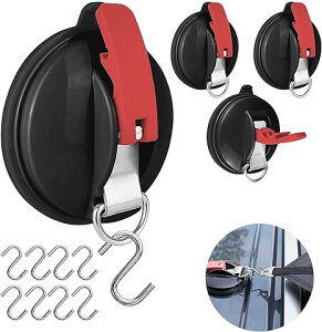 【4個入り】カーサイドタープ 吸盤 フック 強力 高耐久 吸盤固定 用タイダウンフック付き 強力吸盤 サンシェード キャンプ用品 耐久性 軽量 カーサイドタープ ルーフパネル 車 カー ホルダ