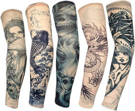 刺青柄タトゥーアームカバー 冷感 腕カバー 日焼け止め タトゥースリーブ 通気 吸汗速乾 男女兼用フリーサイズ 薄手 クール UVカット 紫外線防止 おしゃれ 簡単着脱 両腕分 タトゥー スリーブ 和柄（2組/4枚）注意: 各アームカフの長さは異なります