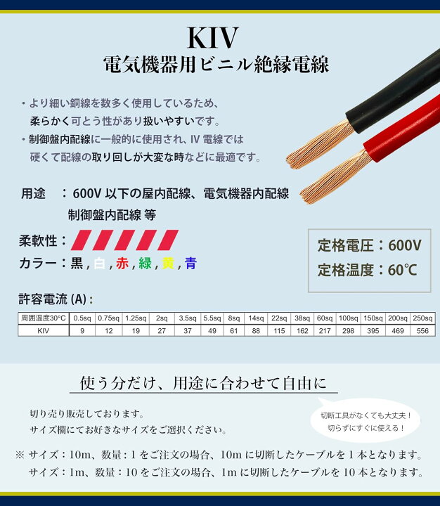 楽天市場】KIV電線 14sq 赤・黒セット 切り売り(1m〜30m) 絶縁