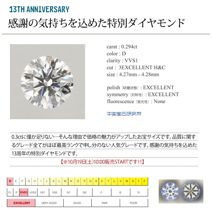 楽天市場】［0.294ct D VVS1 3EXCELLENT H&C］【中央宝石研究所】K18  