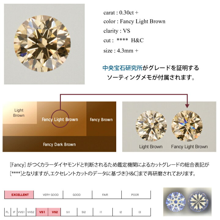 楽天市場】0.3ct Fancy Light Brown VS H&C 中央宝石研究所K18 リング  