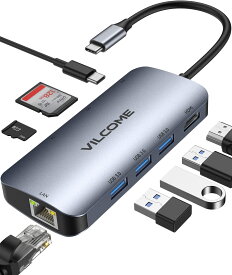 usb ハブ Vilcome type-c 8in1 ドッキング 4K HDMI出力 変換 アダプタ PD 充電対応 LAN イーサネット SD/Micro SD/TF カードリーダー / USB 3.0 USB 2.0 拡張 増設 高速データ転送/