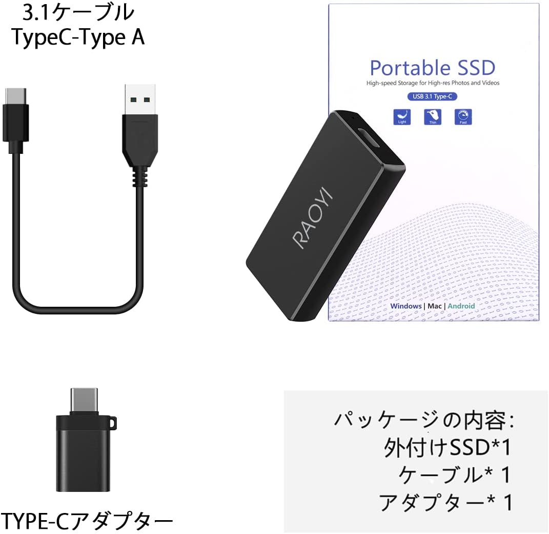 RAOYI 外付SSD 500GB USB3.1 Gen2 ポータブルSSD 超ミニSSD 転送速度550MB/秒(最大)  Type-Cに対応 PS4/ラップトップ/X-boxに適用 超小型 超高速 耐衝撃 防滴 黒 Fleume