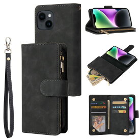 QLTYPRI iPhone 14 ケース アイフォン14 用 ケース 財布型 手帳型 レザー 6枚カード入れ 便利 実用 ファスナー 保護ケース ストラップ付き 落下防止 ベルト式 ポーチ型 軽量 耐汚れ 耐衝撃 携帯カバー6.1インチ - ブラック