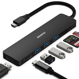 BENFEI USB C ハブ 7in1、USB C ハブ マルチポート アダプター、USB-C - HDMI 4K@30Hz、USB-C - SD/TF カードリーダー/3*USB 3.0/ PD 60W 充電 パワーデリバリー、MacBook Pro 2022/2021/2020/2019、Surface PCと互換性あり- 黒