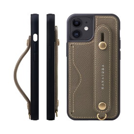 [HANATORA] iPhone12 mini ケース 本革 グリップケース エンボスレザー ストラップ付属 片手操作 カードポケット スタンド機能 メンズ レディース トープ NCGH-12Mini-Taupe