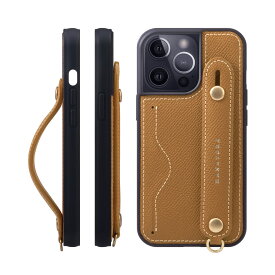 [HANATORA] iPhone13 Pro ケース 本革 グリップケース エンボスレザー ストラップ付属 片手操作 カードポケット スタンド機能 メンズ レディース キャラメル NCGH-13Pro-Caramel