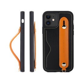 [HANATORA] iPhone12 mini ケース 本革 グリップケース レザー ストラップ付属 イタリア製牛革 ヌメ革 片手操作 カード収納 スタンド機能 メンズ レディース ブラック/オレンジ CGH-12Mini-Black-OG