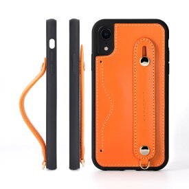 iPhone XR グリップケース レザー 本革 ストラップ付属 イタリア製牛革 ヌメ革 片手操作 カード収納 スタンド機能 メンズ レディース オレンジ