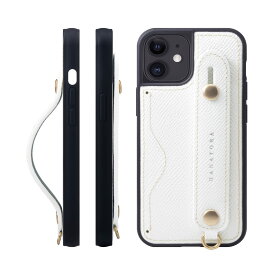 [HANATORA] iPhone12 mini ケース 本革 グリップケース エンボスレザー ストラップ付属 片手操作 カードポケット スタンド機能 メンズ レディース ホワイト NCGH-12Mini-White