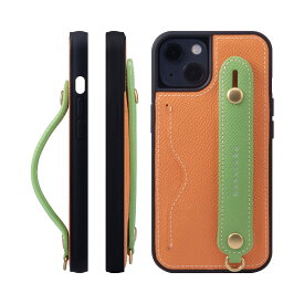 [HANATORA] iPhone 15 ケース 本革 グリップケース エンボスレザー ストラップ付属 片手操作 カードポケット スタンド機能 メンズ レディース オレンジ/グリーン NCGH-15-Orange-GN