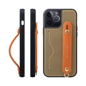 [HANATORA] iPhone 15 Pro Max ケース 本革 グリップケース エンボスレザー ストラップ付属 片手操作 カードポケット スタンド機能 メンズ レディース トープ/オレンジ NCGH-15ProMax-Taupe-OG