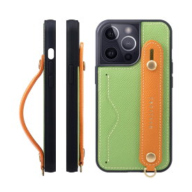 [HANATORA] iPhone 15 Pro ケース 本革 グリップケース エンボスレザー ストラップ付属 片手操作 カードポケット スタンド機能 メンズ レディース ヴェールクリケット/オレンジ NCGH-15Pro-VertCriquet-OG