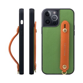 [HANATORA] iPhone 15 Pro Max ケース 本革 グリップケース エンボスレザー ストラップ付属 片手操作 スタンド機能 メンズ レディース ヴェール クリケット/オレンジ NGH-15ProMax-VertCriquet-OG