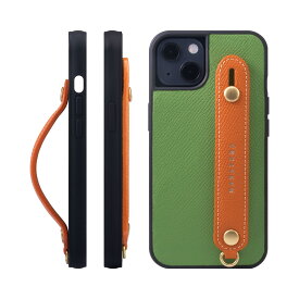 [HANATORA] iPhone 15 ケース 本革 グリップケース エンボスレザー ストラップ付属 片手操作 スタンド機能 メンズ レディース ヴェール クリケット/オレンジ NGH-15-VertCriquet-OG