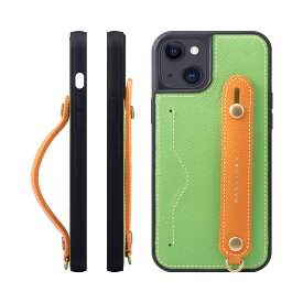 [HANATORA] iPhone 15 Plus ケース 本革 グリップケース エンボスレザー ストラップ付属 片手操作 カードポケット スタンド機能 メンズ レディース ヴェールクリケット/オレンジ NCGH-15Plus-VertCriquet-OG