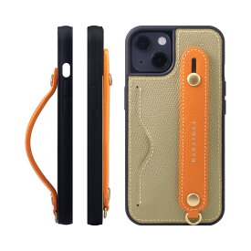 [HANATORA] iPhone 15 ケース 本革 グリップケース エンボスレザー ストラップ付属 片手操作 カードポケット スタンド機能 メンズ レディース グレージュ/オレンジ NCGH-15-Grege-OG