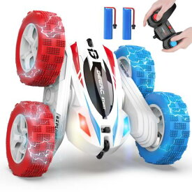 DEERC ラジコンカー こども向け スタントカー RCカー リモコンカー 室内 360度回転 両面走行 四輪駆動 オフロード 車おもちゃ バッテリー2個付き 40分間走れ 2.4Ghz無線操作 贈り物 クリスマス プレゼント 子供 男の子 小学生 中学生 日本国内認証済み DE35