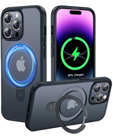 スタンド機能・Magsafe対応CASEKOO iPhone14Pro 用 ケース 隠し収納式 米軍MIL規格 耐衝撃 スマホケース 薄形半透明 マット仕上げ 指紋防止 ストラップホール付き ワイヤレス充電対応 2023年新型 アイフォン 14pro 用 ケース 6.1インチ カバー（ブラック）