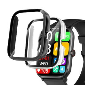YXHH2025年度 先行発売2個入り Vialove KW105-G01/‎HOIBAI/Segick スマートウォッチ 1.9インチ 用 ケース 保護カバー ガラスフィルム 一体型 ケース PC素材 全面保護 超薄型 装着簡単 耐衝撃 高透過率 指紋防止 傷防止 ブラック+クリア