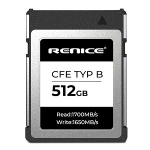RENICECFexpressTypeB512GB�����\�������[�J�[�h�ő�ǂݏo��1700MB/s�ő发������1650MB/sPCIeGen3.0x2NVMe1.3�������d��4K/6K/8K�^��Ή�forEOSR3R5