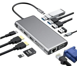 12-in-1USBC�h�b�L���O�X�e�[�V����(�f���A��HDMI/4K@60Hz/�M�K�r�b�gLAN/100WPD/USB3.0/2.0/SD/TF�J�[�h���[�_�[�t��)-MacBook/Dell/HP�Ή����j�o�[�T���m�[�g�b�N�h�b�N