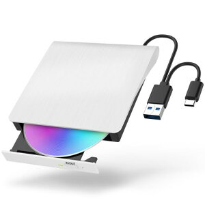 BRJR �O�t��DVD�h���C�u �������� 8XDVD& 24XCD ���w�h���C�u�O�t�� �ǎ�/������ �o�X�p���[ USB 2.0/3.0&Type-C���ڑ� �O�t��CD�h���C�u (�z���C�g)