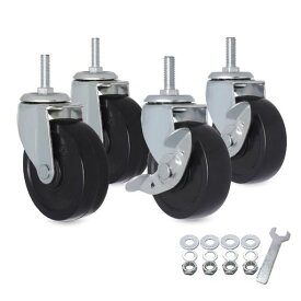 ネジ式キャスター3/8ネジブレーキなし2個とブレーキ付き2個、360度回転、75mm静音PVCキャスターホイール交換、DIY家具便利、ワイヤー棚用キャスターホイール