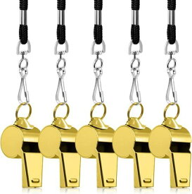 5包 ステンレススチールホイッスル 、 Finegood Loud 金属口哨 with Lanyard for Referees Coaches Lifeguards 生存应急 フットボールバスケットボールサッカ (金)