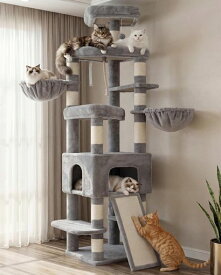 Heybly キャットタワー 210cm 大型猫対応 据え置き 猫タワー 多頭飼い 大型キャットタワー ハンモック2個 猫ハウス 爪とぎポール11本 ワイド爪とぎ板 多段ステップ 展望台 安定設計 室内猫 運…