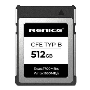 RENICECFexpressTypeB512GB�����\�������[�J�[�h�ő�ǂݏo��1700MB/s�ő发������1650MB/sPCIeGen3.0x2NVMe1.3�������d��4K/6K/8K�^��Ή�forEOSR3R5