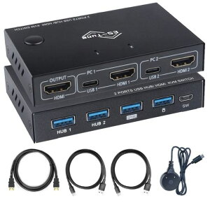 ES-Tune HDMI KVM�ؑ֊� 2����1�o�� USB2.0&Type-C�[�q�Ή� 4K@60Hz �蓮/�L�������[�g�ؑ� �d���s�v HDMI USB�P�[�u���t�� ���{��戵�������t�� Mac/Windows/Linux�Ή�