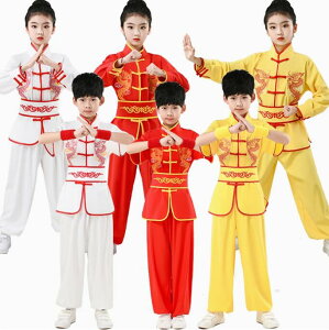 子供カンフー衣装 半袖/長袖2タイプ 武術 両龍刺繍 3色子供ダンス衣装 武術 太極拳 ウエア 大人 ロングパンツ 男女兼用 太極拳服 団体服 ステージ衣装 カンフー 表演 演舞 練習ウエア 中華