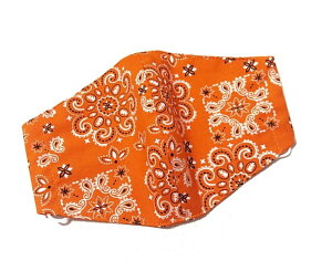 布マスク【ペイズリー バンダナ柄 オレンジ】プリント リバーシブル 日本製 かっこいい おしゃれ 洗える コットン生地 綿 布製 ハンドメイド 大人用 メンズ レディース マスクカバー 二重マ