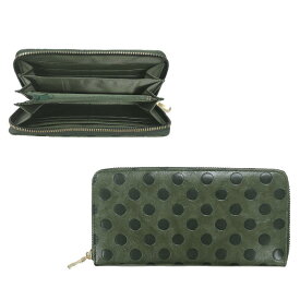 ラウンドファスナー 長財布 ロングウォレット カードケース コインケース 水玉 ドット柄 型押し レザー調 グリーン緑色(レディース)L-729