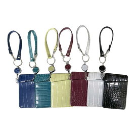 パスケース 定期入れ カードケース ICカード IDカード コードリール ストラップ クロコ ワニ革 型押し レザー調 薄型 スリム(メンズ レディース)W-1063