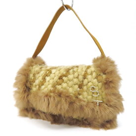 【美品】Samantha Thavasa サマンサタバサ ワンショルダーバッグ ハンドバッグ 編み物 ウールニット×リアルファー×レザー アイボリー×ブラウン レディース