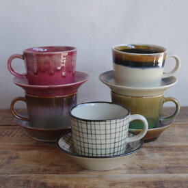 【送料無料】 波佐見焼 コーヒーカップ ソーサー Folk Design 陶器 土もの 格子 渕釉流し 渕錆飴釉 掛分織部飴釉 二色巻 日本製