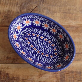 ポーランド食器 ポーリッシュポタリー 深皿 オーバルボウル グラタン皿 ネイビー 白 マーガレット ガーベラ 花柄 P139-ALC5