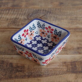 【スーパーDEAL】【10％ポイントバック 2月18日 9:59まで】ポーランド食器 ポーリッシュポタリー スクエアボウル 小鉢 赤 オレンジ 花柄 P150-ALC17