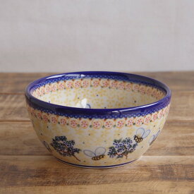 ポーランド食器 ポーリッシュポタリー ボウル 13cm 小どんぶり みつばち 青い花柄 黄色 v071-a07
